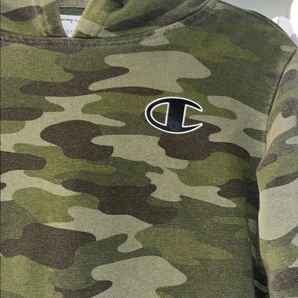 Champion Boy's Green Camo Print Hoodie M 10/ 12 Hooded Logo Front Sweatshirt EUC